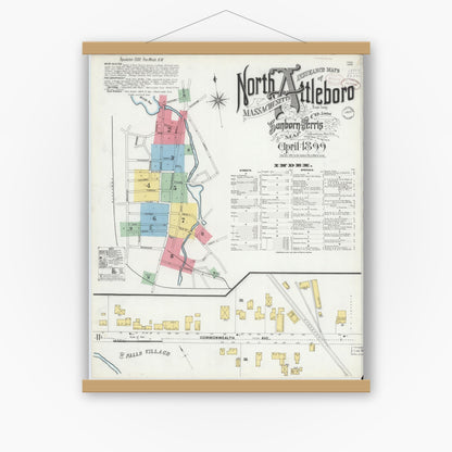 Old map wall art mockup — magnetic wood frame on white wall — Sanborn Fire Insurance Map from North Attleborough, Bristol County, Massachusetts (1899), Sheet #0001