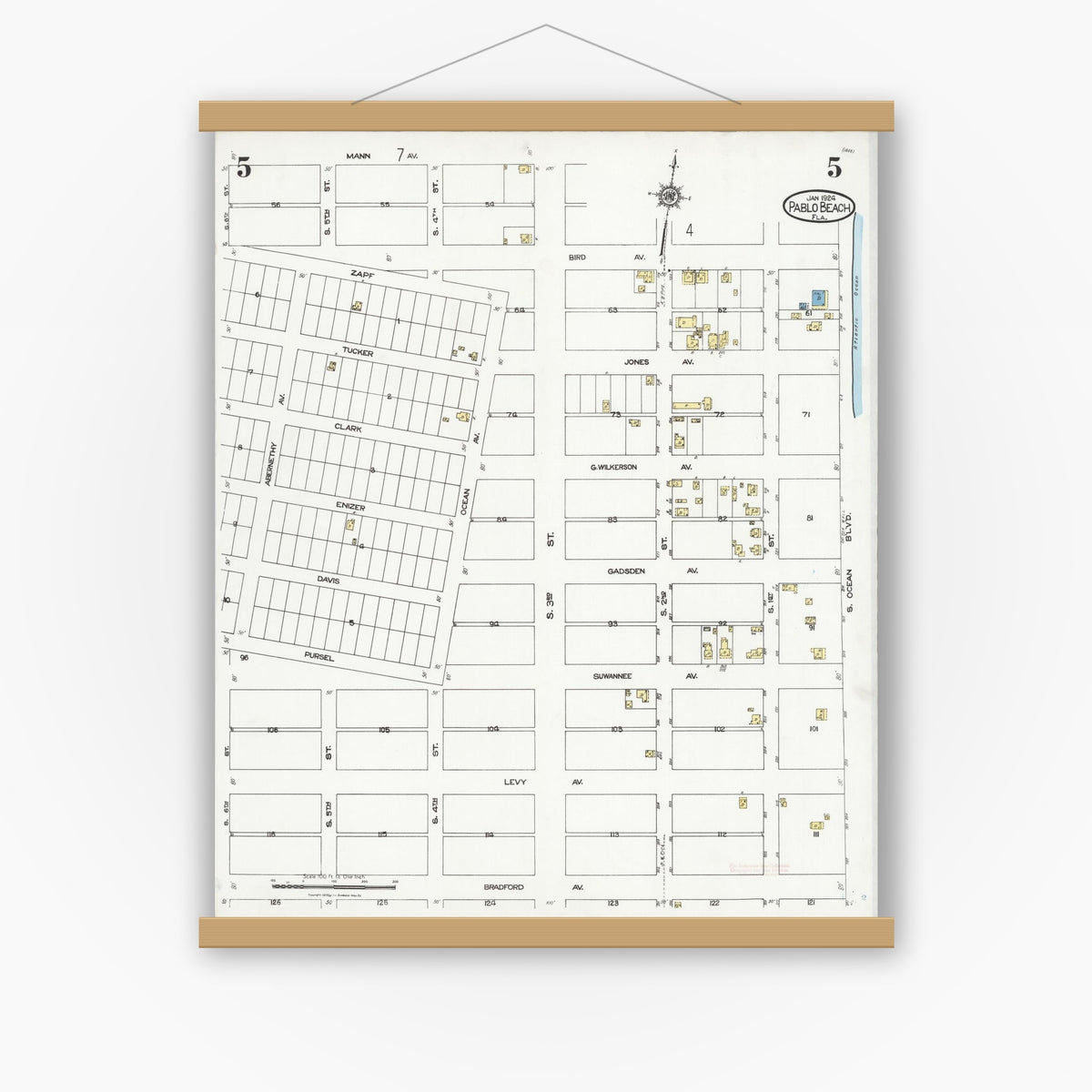 Old map wall art mockup — magnetic wood frame on white wall — Sanborn Fire Insurance Map from Pablo Beach, Duval County, Florida (1924), Sheet #0005