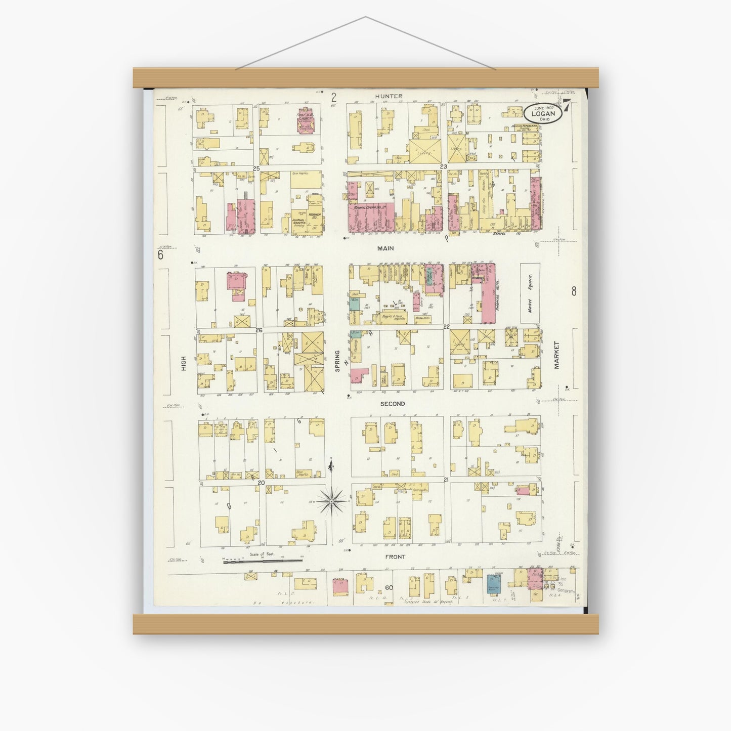 Old map wall art mockup — magnetic wood frame on white wall — Sanborn Fire Insurance Map from Logan, Hocking County, Ohio (1907), Sheet #0007