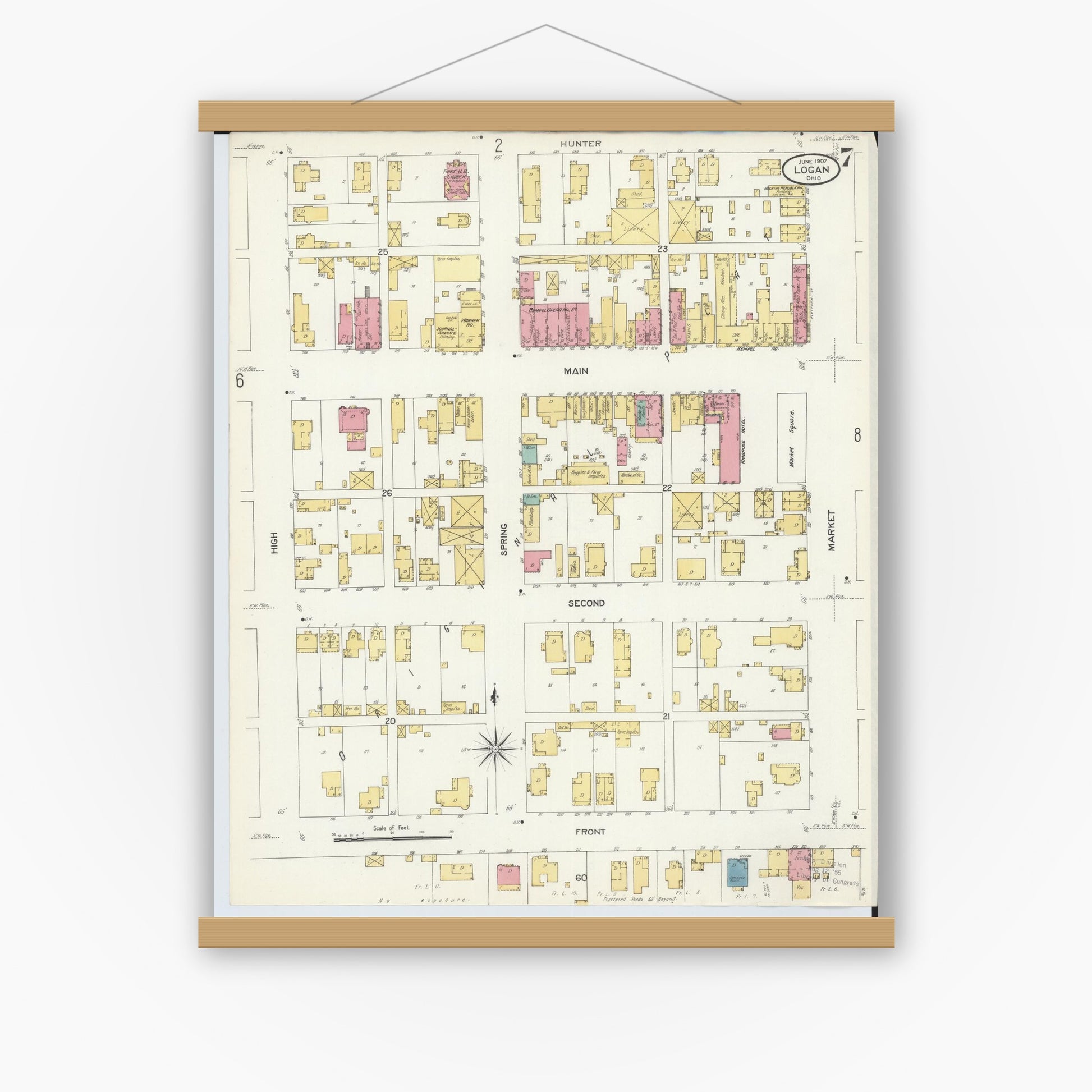 Old map wall art mockup — magnetic wood frame on white wall — Sanborn Fire Insurance Map from Logan, Hocking County, Ohio (1907), Sheet #0007