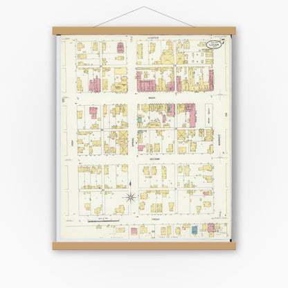 Old map wall art mockup — magnetic wood frame on white wall — Sanborn Fire Insurance Map from Logan, Hocking County, Ohio (1907), Sheet #0007