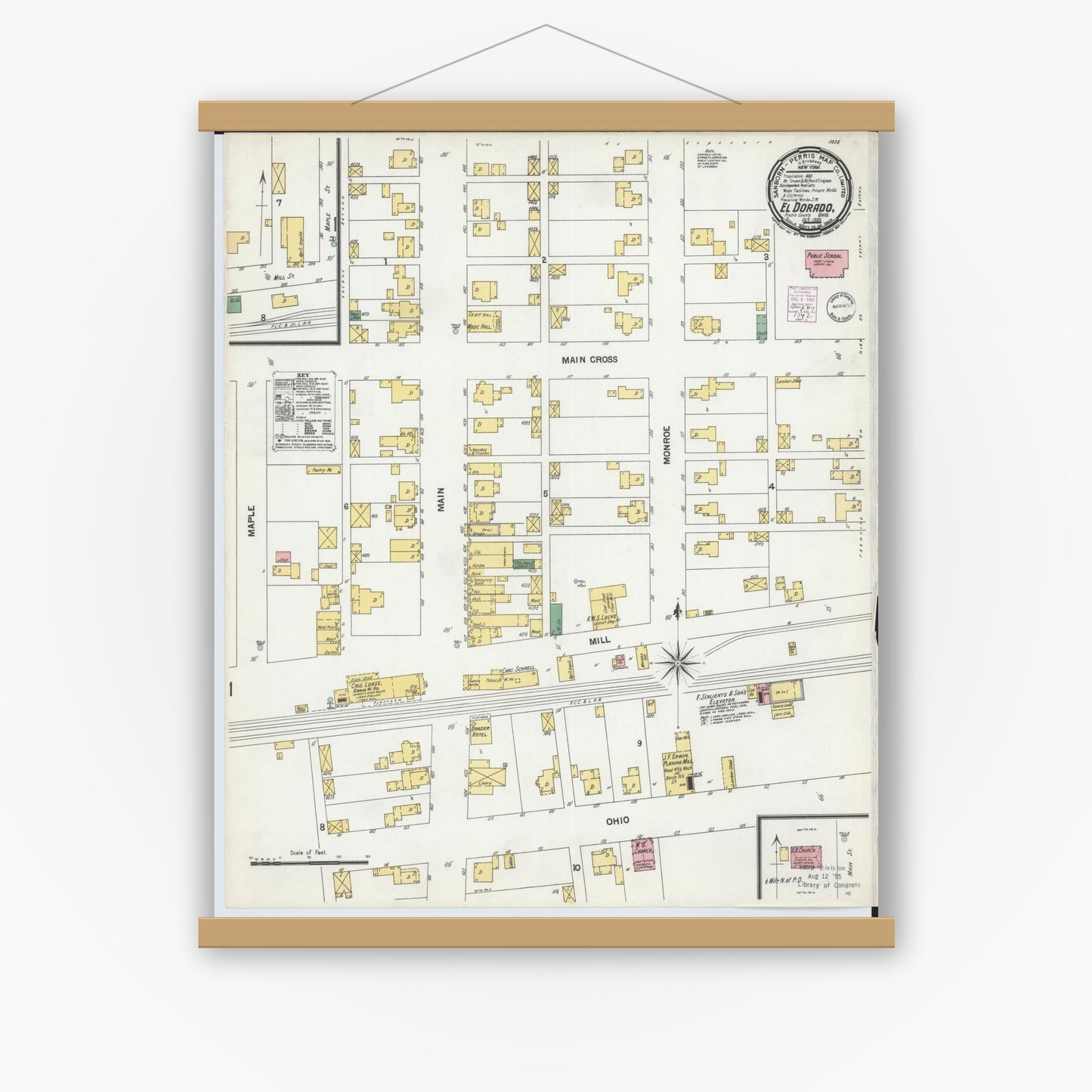 Old map wall art mockup — magnetic wood frame on white wall — Sanborn Fire Insurance Map from El Dorado, Preble County, Ohio (1901), Sheet #0001