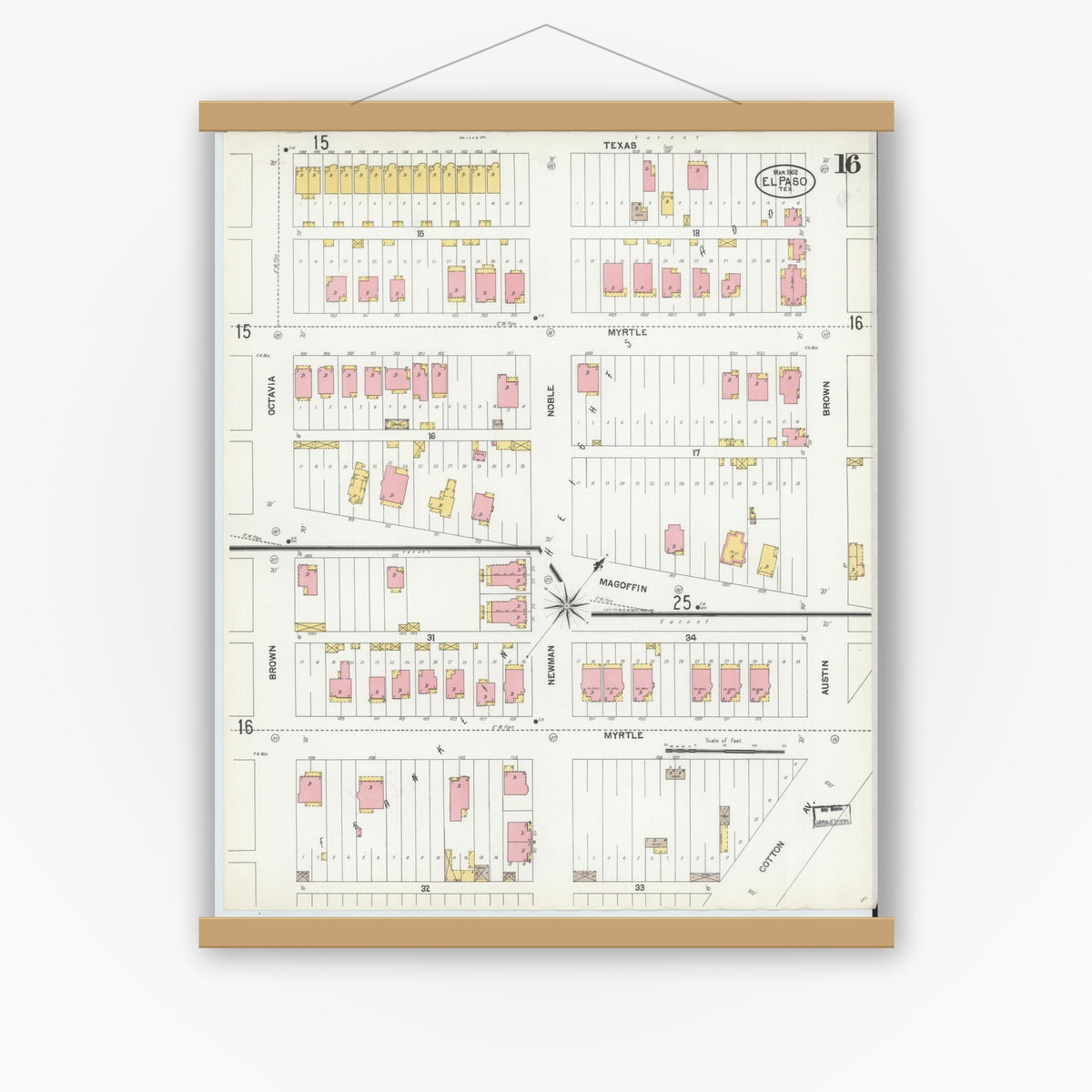 Old map wall art mockup — magnetic wood frame on white wall — Sanborn Fire Insurance Map from El Paso, El Paso County, Texas (1902), Sheet #0016