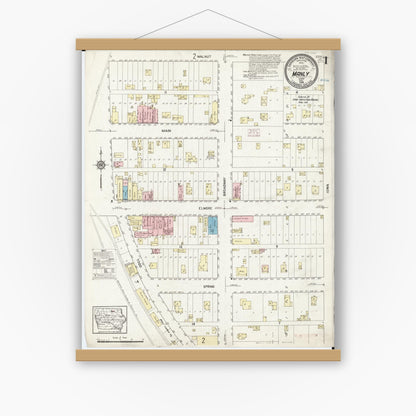 Old map wall art mockup — magnetic wood frame on white wall — Sanborn Fire Insurance Map from Manly, Worth County, Iowa (1914) â€” Complete Set
