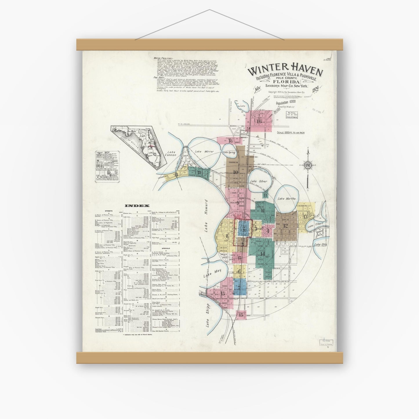 Old map wall art mockup — magnetic wood frame on white wall — Sanborn Fire Insurance Map from Winter Haven, Polk County, Florida (1924) - Complete Map Set
