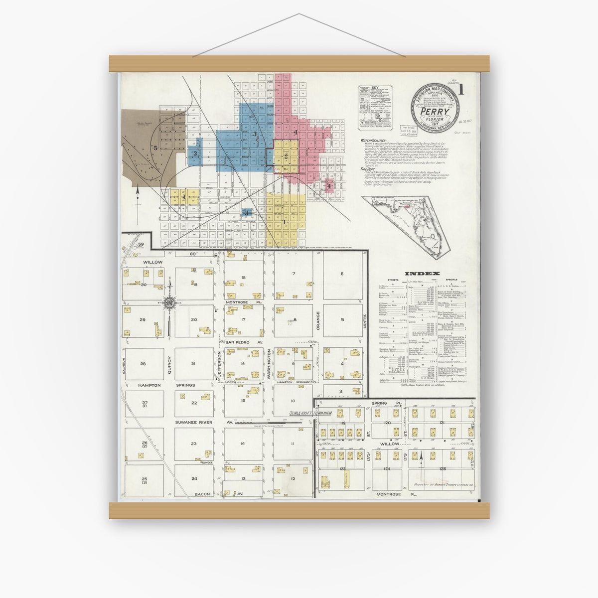 Old map wall art mockup — magnetic wood frame on white wall — Sanborn Fire Insurance Map from Perry, Taylor County, Florida (1917) - Complete Map Set