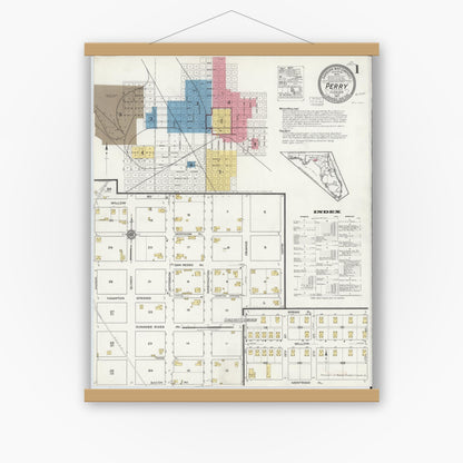 Old map wall art mockup — magnetic wood frame on white wall — Sanborn Fire Insurance Map from Perry, Taylor County, Florida (1917) - Complete Map Set