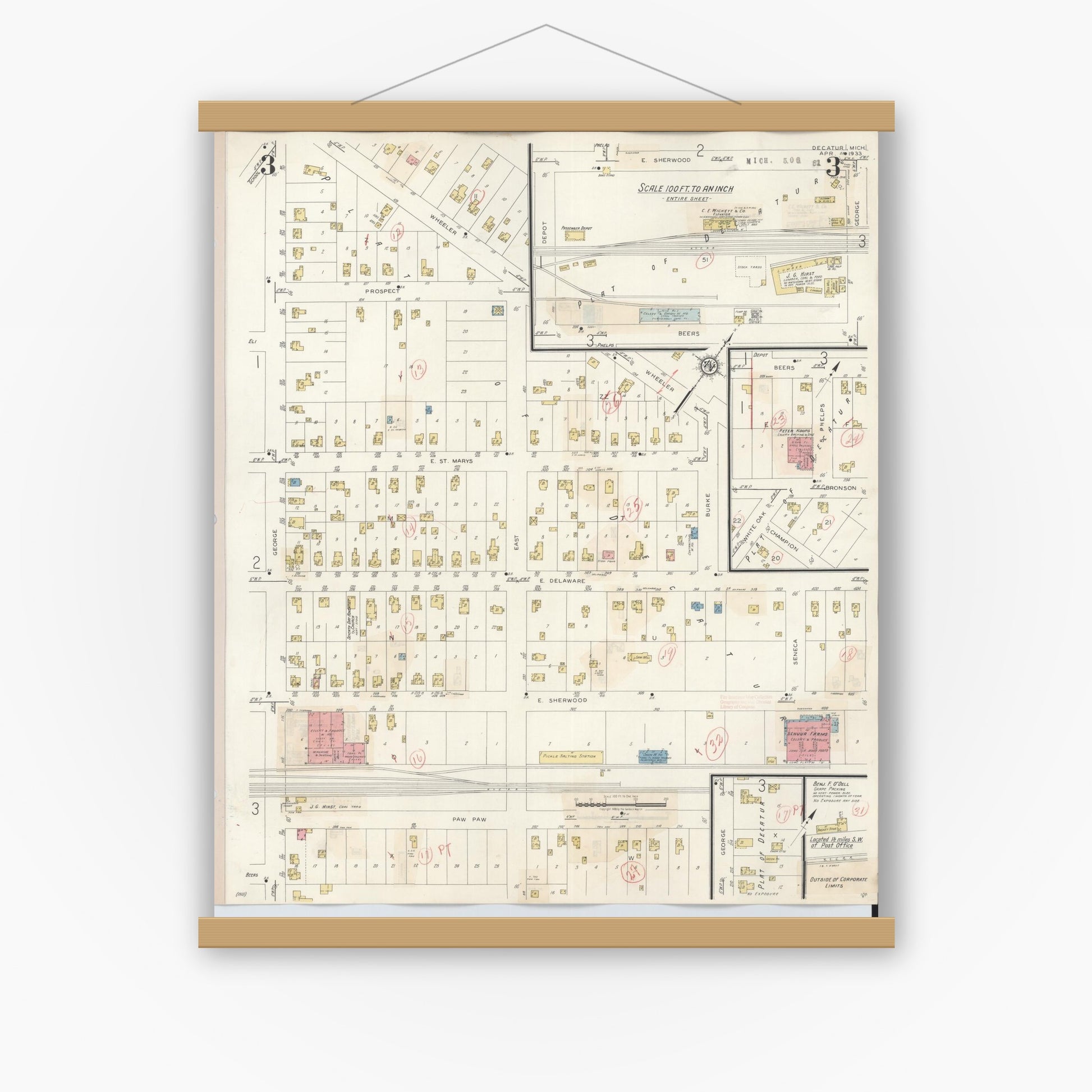 Old map wall art mockup — magnetic wood frame on white wall — Sanborn Fire Insurance Map from Decatur, Van Buren County, Michigan (1944), Sheet #0003