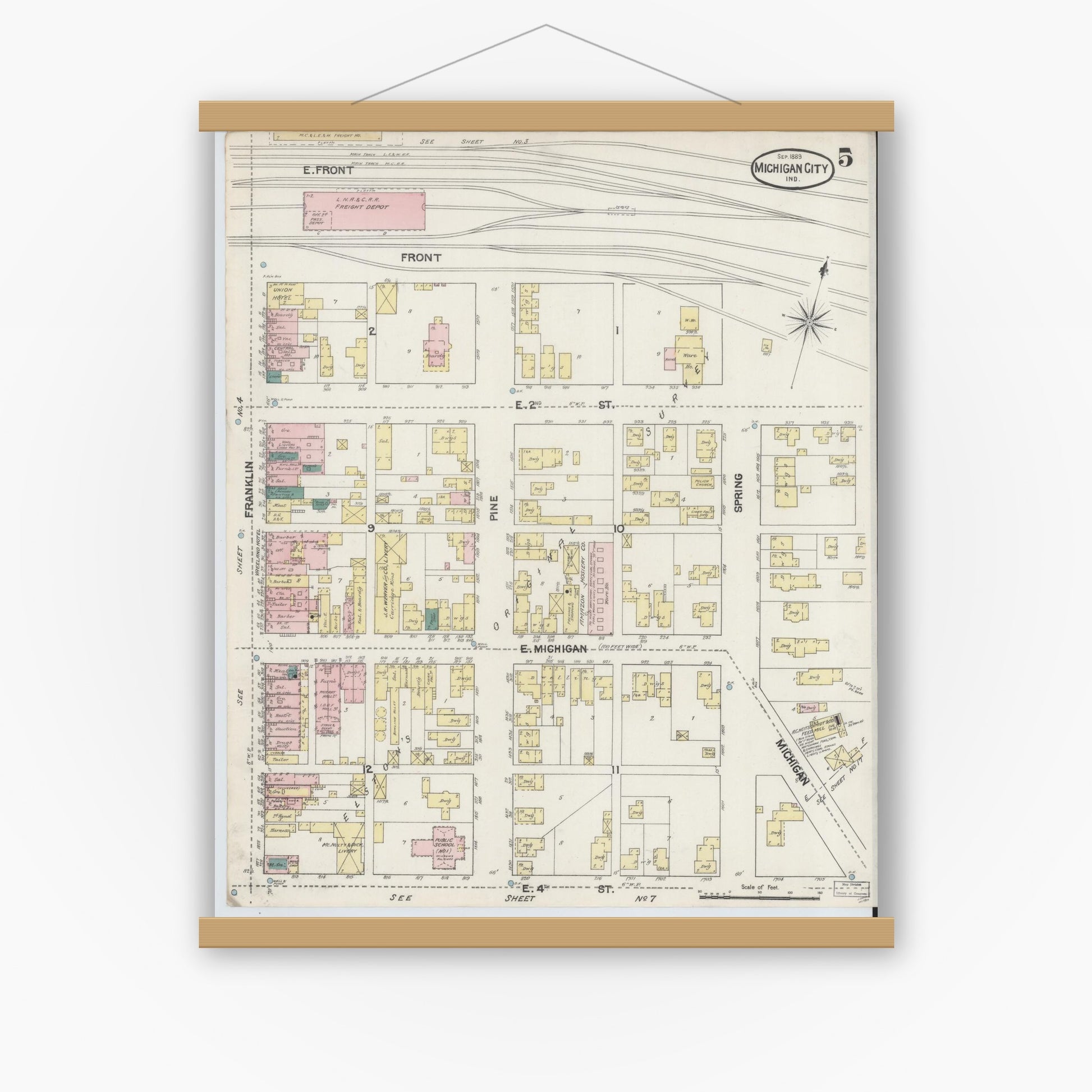 Old map wall art mockup — magnetic wood frame on white wall — Sanborn Fire Insurance Map from Michigan City, La Porte County, Indiana (1889), Sheet #0005