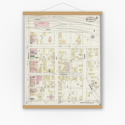Old map wall art mockup — magnetic wood frame on white wall — Sanborn Fire Insurance Map from Michigan City, La Porte County, Indiana (1889), Sheet #0005