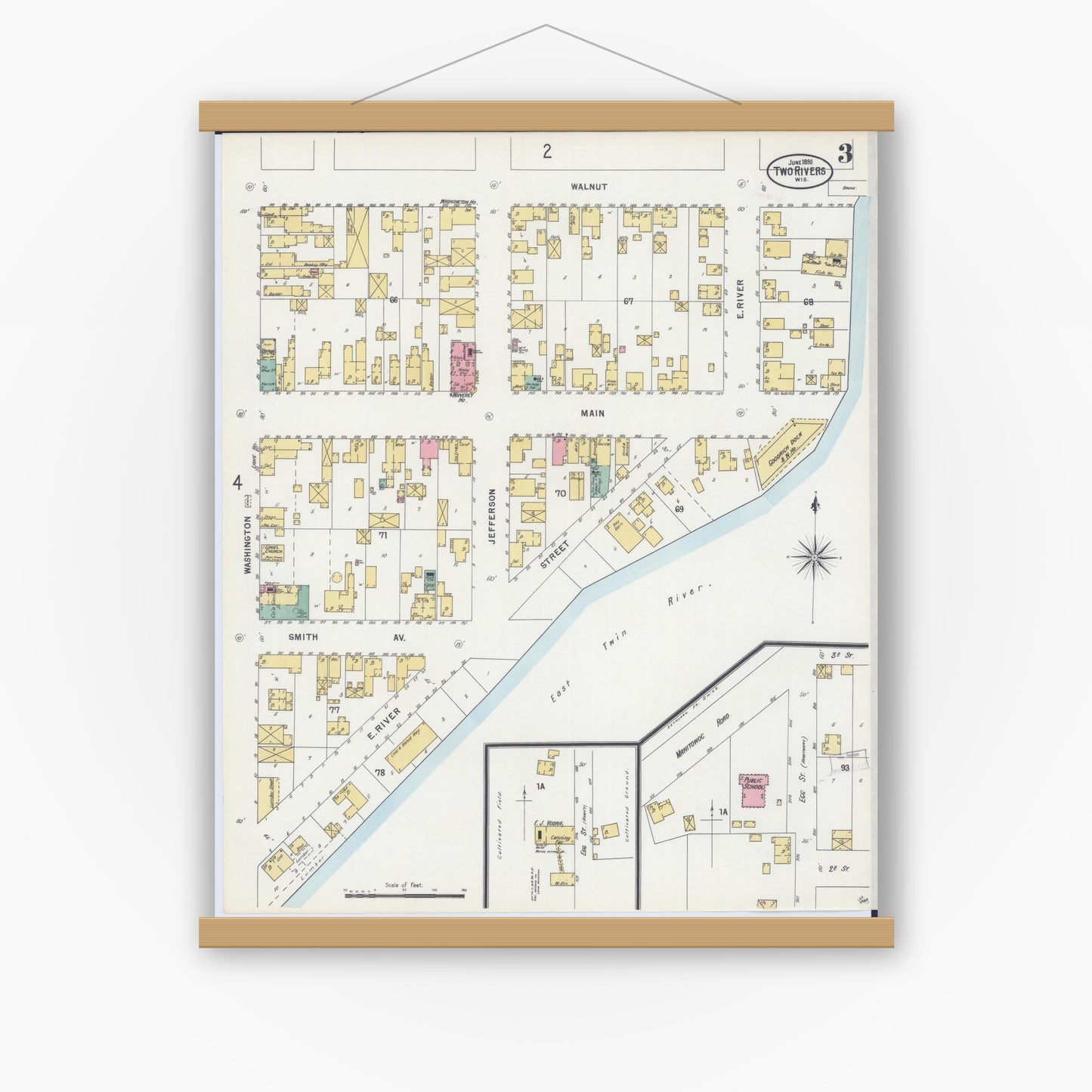 Old map wall art mockup — magnetic wood frame on white wall — Sanborn Fire Insurance Map from Two Rivers, Manitowoc County, Wisconsin (1898), Sheet #0003