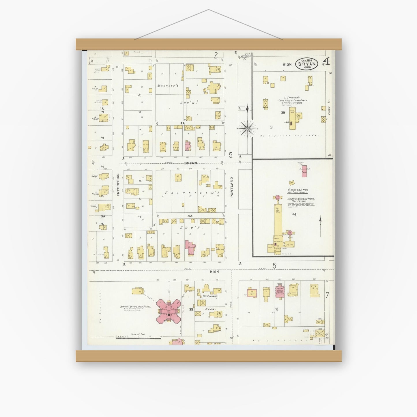 Old map wall art mockup — magnetic wood frame on white wall — Sanborn Fire Insurance Map from Bryan, Williams County, Ohio (1905), Sheet #0004