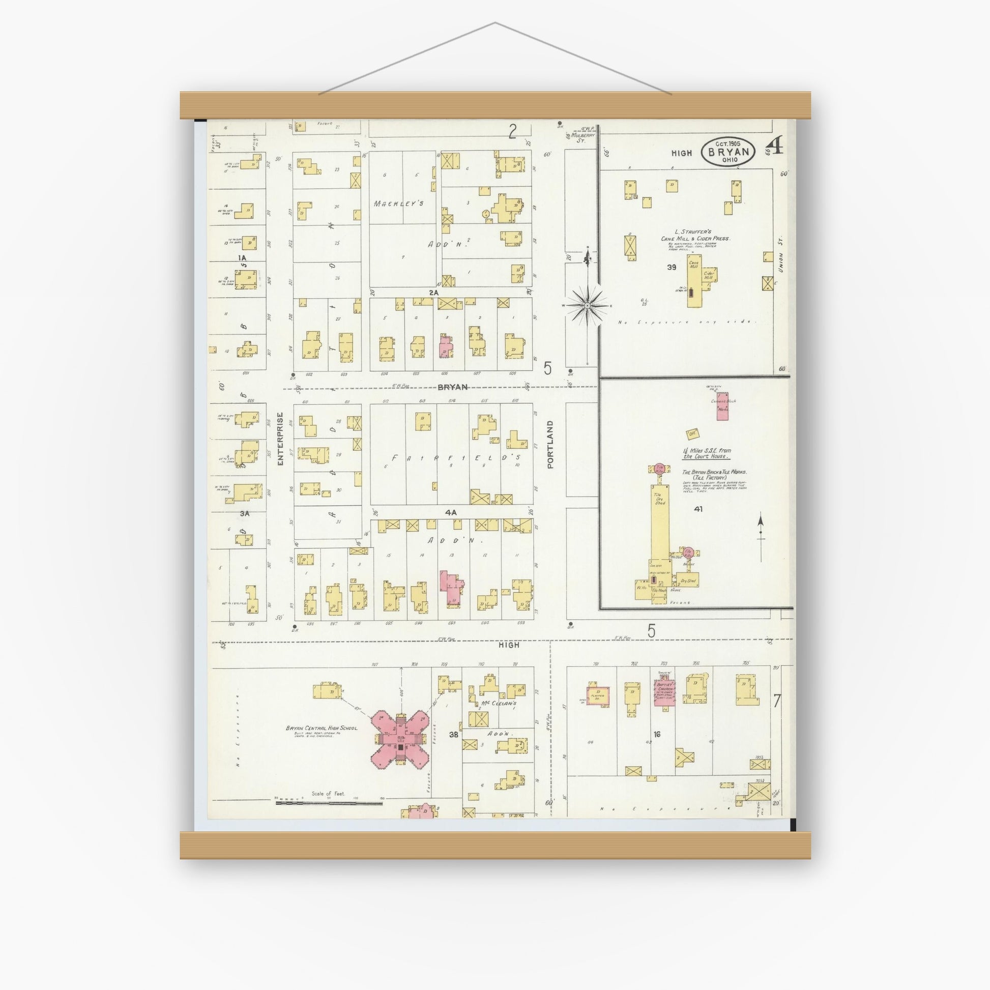 Old map wall art mockup — magnetic wood frame on white wall — Sanborn Fire Insurance Map from Bryan, Williams County, Ohio (1905), Sheet #0004