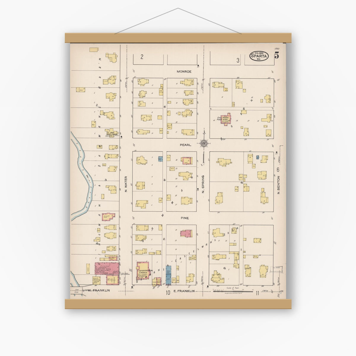 Old map wall art mockup — magnetic wood frame on white wall — Sanborn Fire Insurance Map from Sparta, Monroe County, Wisconsin (1922), Sheet #0005