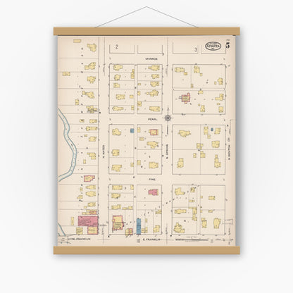 Old map wall art mockup — magnetic wood frame on white wall — Sanborn Fire Insurance Map from Sparta, Monroe County, Wisconsin (1922), Sheet #0005