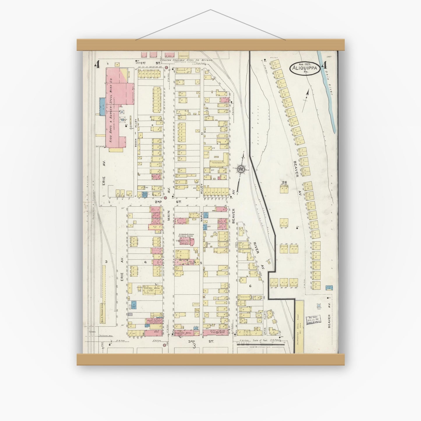 Old map wall art mockup — magnetic wood frame on white wall — Sanborn Fire Insurance Map from Aliquippa, Beaver County, Pennsylvania (1925), Sheet #0004
