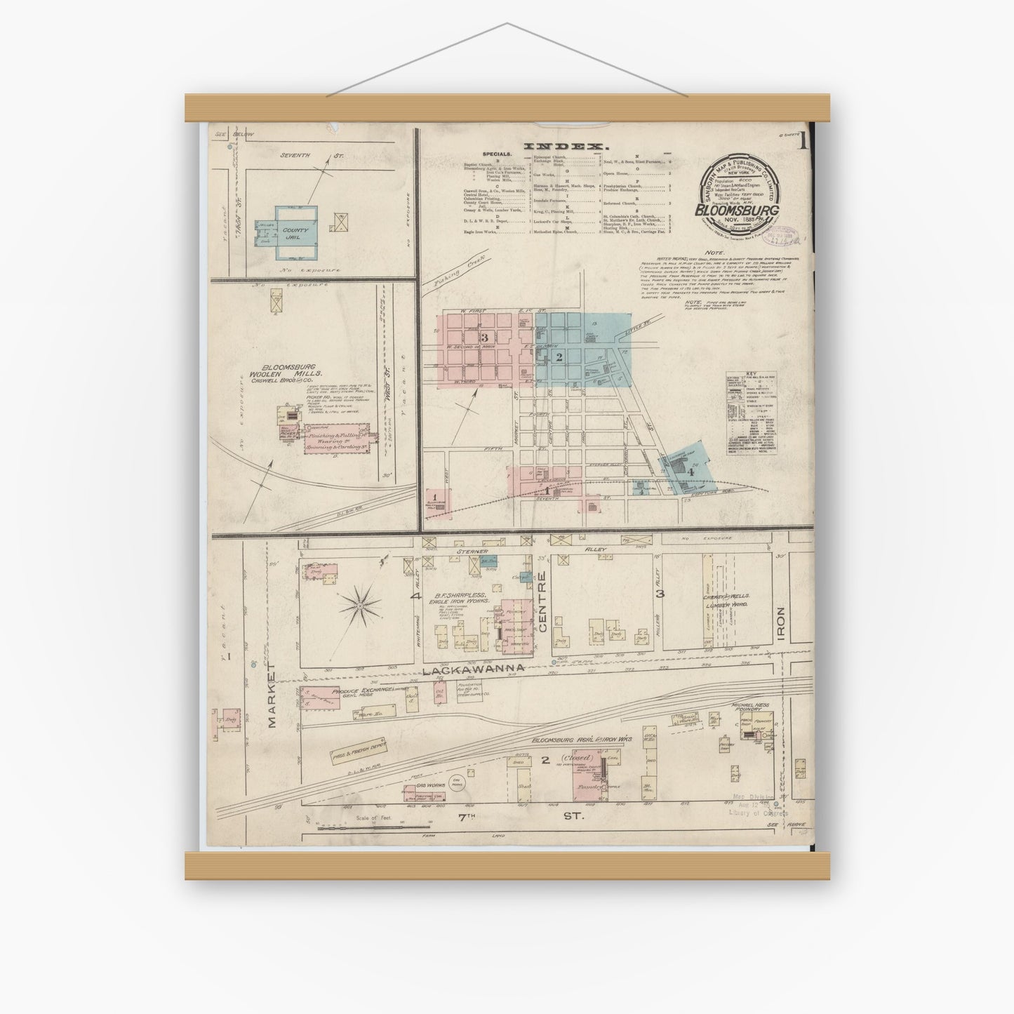 Old map wall art mockup — magnetic wood frame on white wall — Sanborn Fire Insurance Map from Bloomsburg, Columbia County, Pennsylvania (1885), Sheet #0001