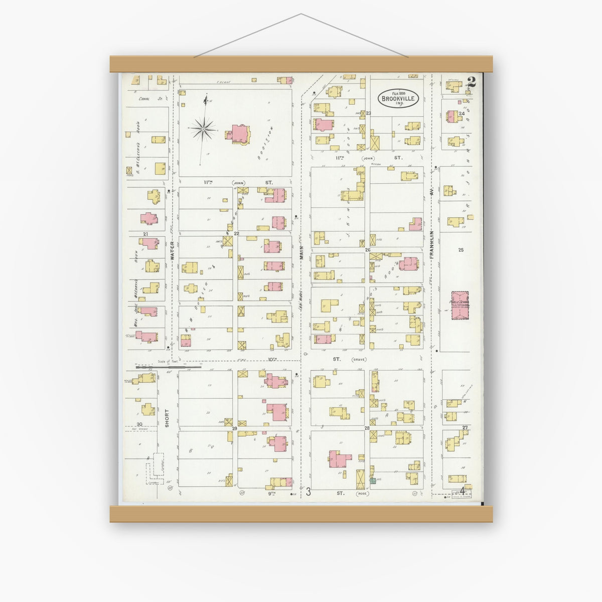 Old map wall art mockup — magnetic wood frame on white wall — Sanborn Fire Insurance Map from Brookville, Franklin County, Indiana (1899), Sheet #0002