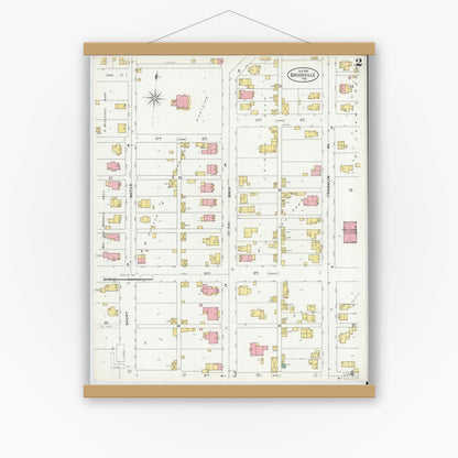 Old map wall art mockup — magnetic wood frame on white wall — Sanborn Fire Insurance Map from Brookville, Franklin County, Indiana (1899), Sheet #0002