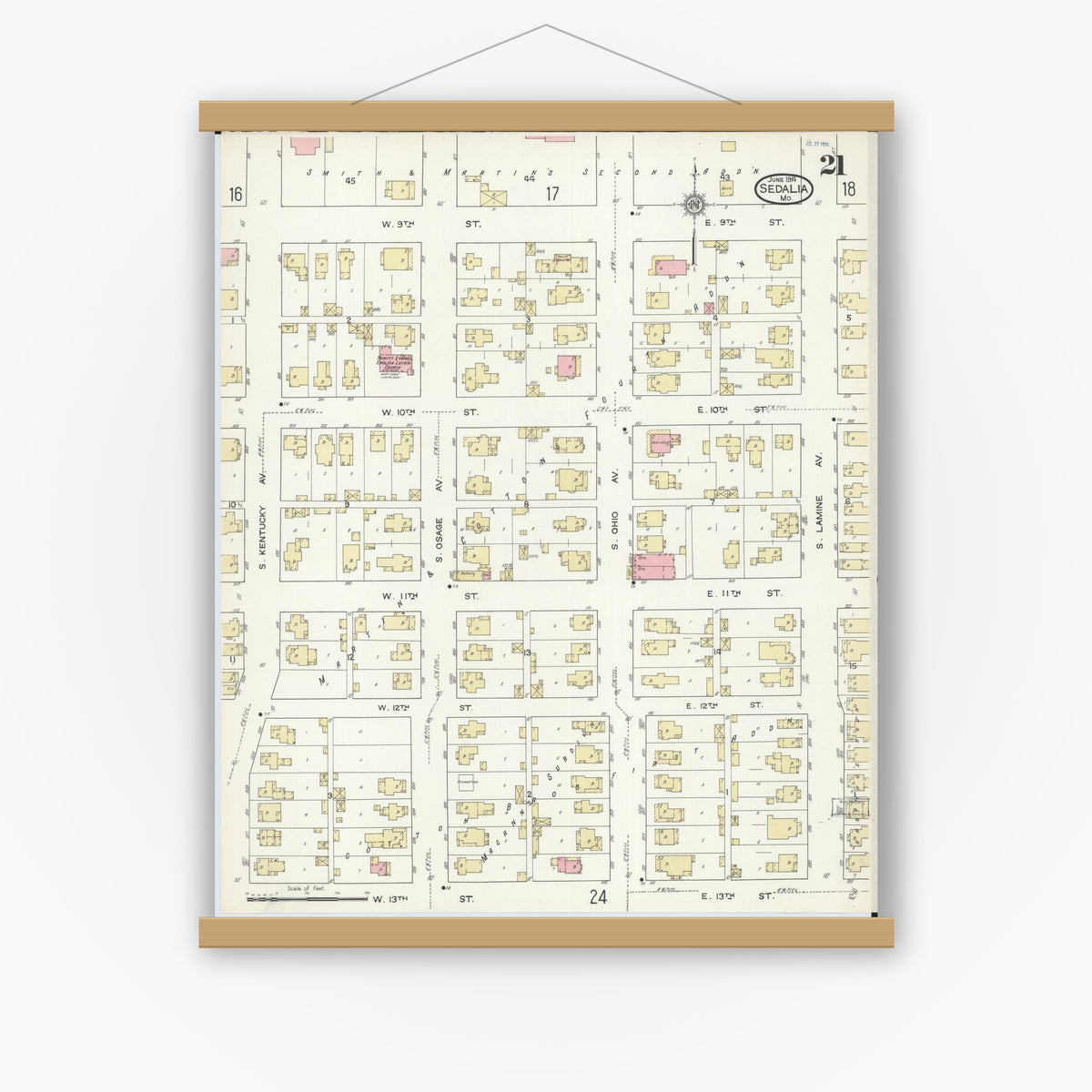 Old map wall art mockup — magnetic wood frame on white wall — Sanborn Fire Insurance Map from Sedalia, Pettis County, Missouri (1914), Sheet #0021
