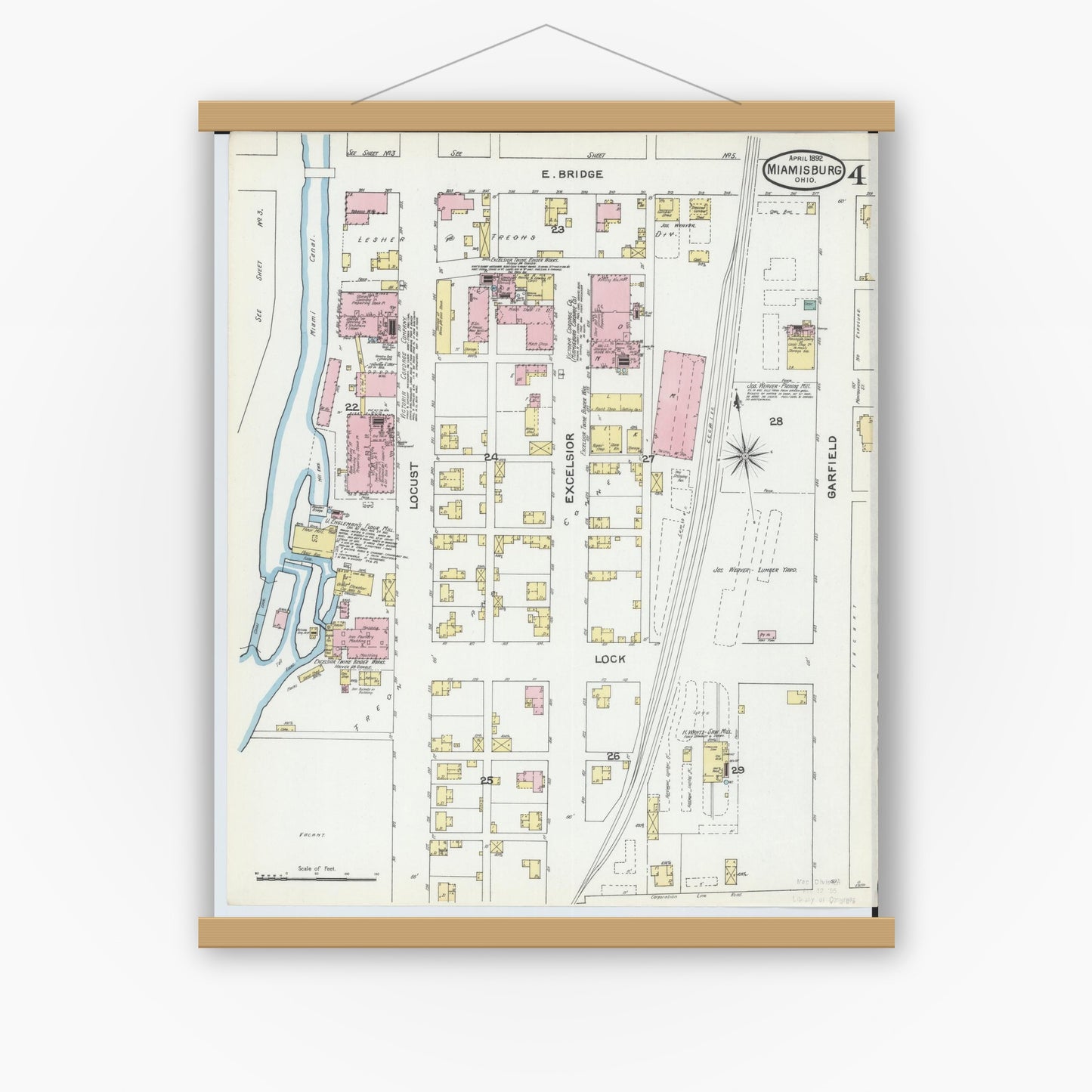 Old map wall art mockup — magnetic wood frame on white wall — Sanborn Fire Insurance Map from Miamisburg, Montgomery County, Ohio (1892), Sheet #0004