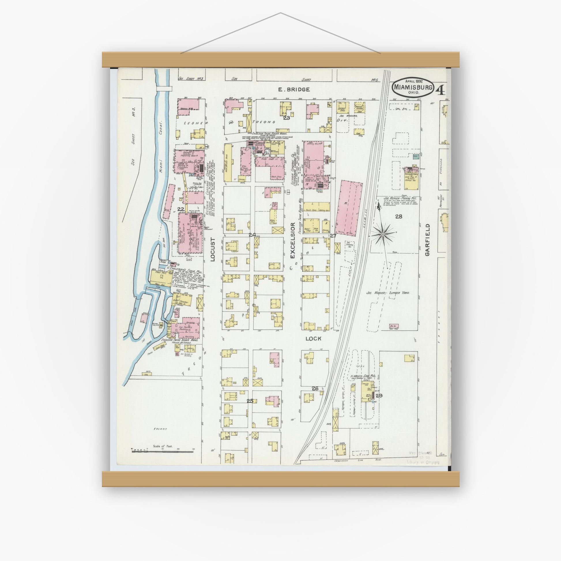 Old map wall art mockup — magnetic wood frame on white wall — Sanborn Fire Insurance Map from Miamisburg, Montgomery County, Ohio (1892), Sheet #0004