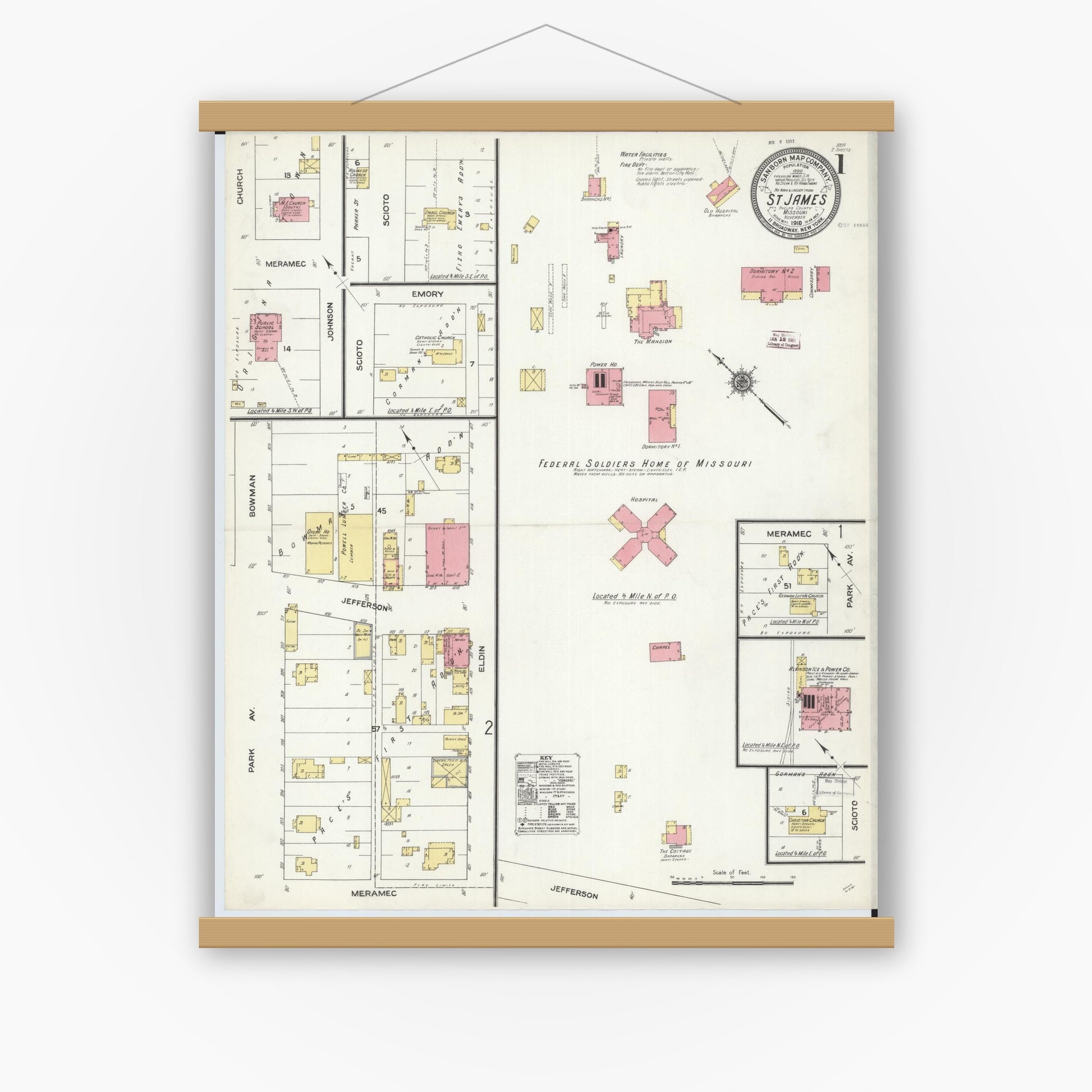 Old map wall art mockup — magnetic wood frame on white wall — Sanborn Fire Insurance Map from Saint James, Phelps County, Missouri (1910) - Complete Map Set