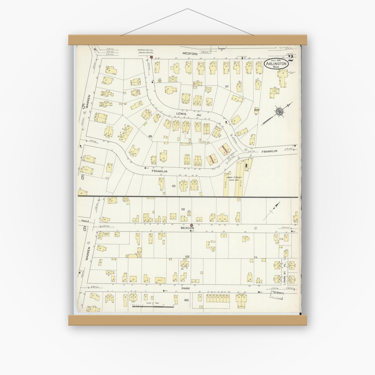 Old map wall art mockup — magnetic wood frame on white wall — Sanborn Fire Insurance Map from Arlington, Middlesex County, Massachusetts (1914), Sheet #0002
