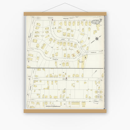 Old map wall art mockup — magnetic wood frame on white wall — Sanborn Fire Insurance Map from Arlington, Middlesex County, Massachusetts (1914), Sheet #0002