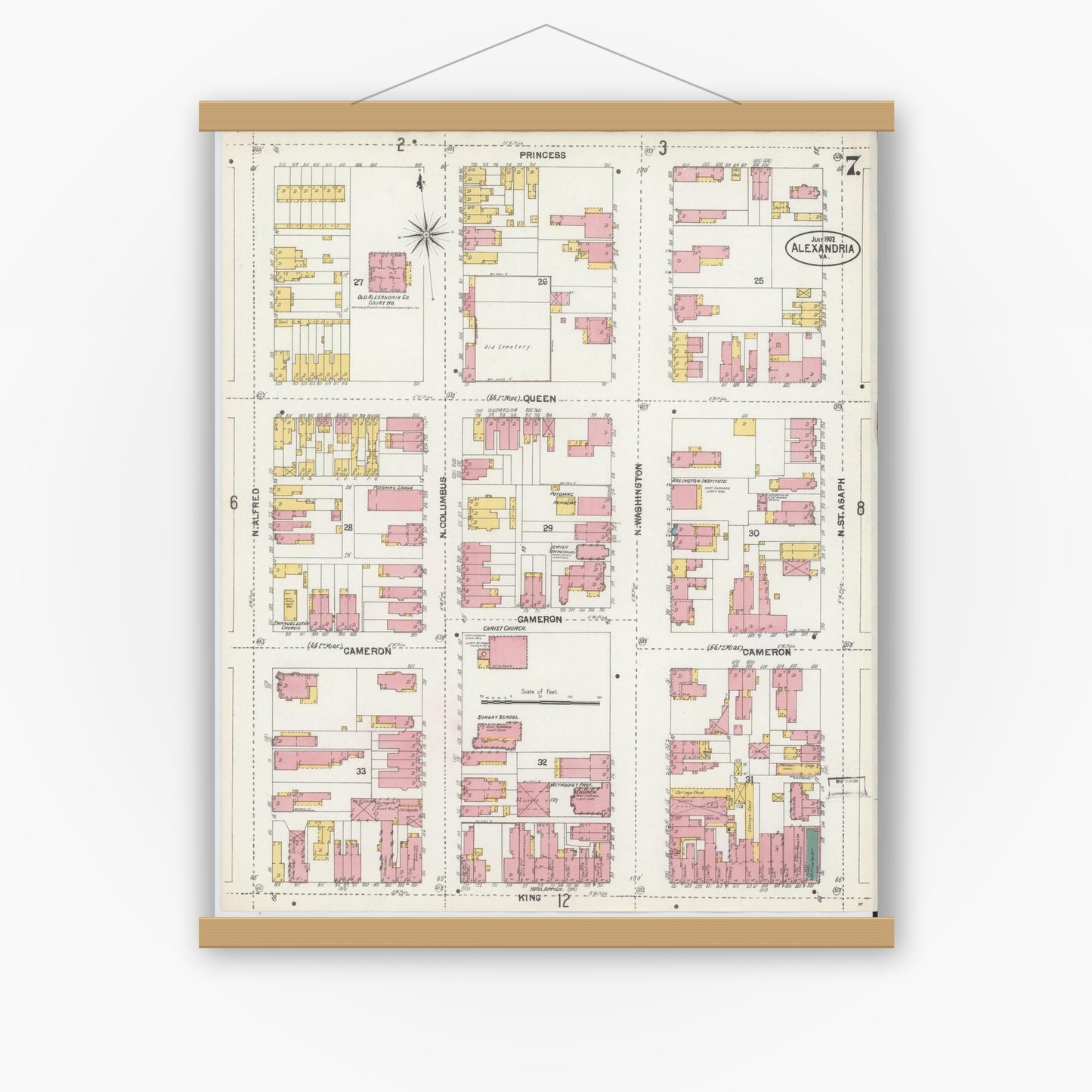Old map wall art mockup — magnetic wood frame on white wall — Sanborn Fire Insurance Map from Alexandria, Independent Cities, Virginia (1902), Sheet #0007