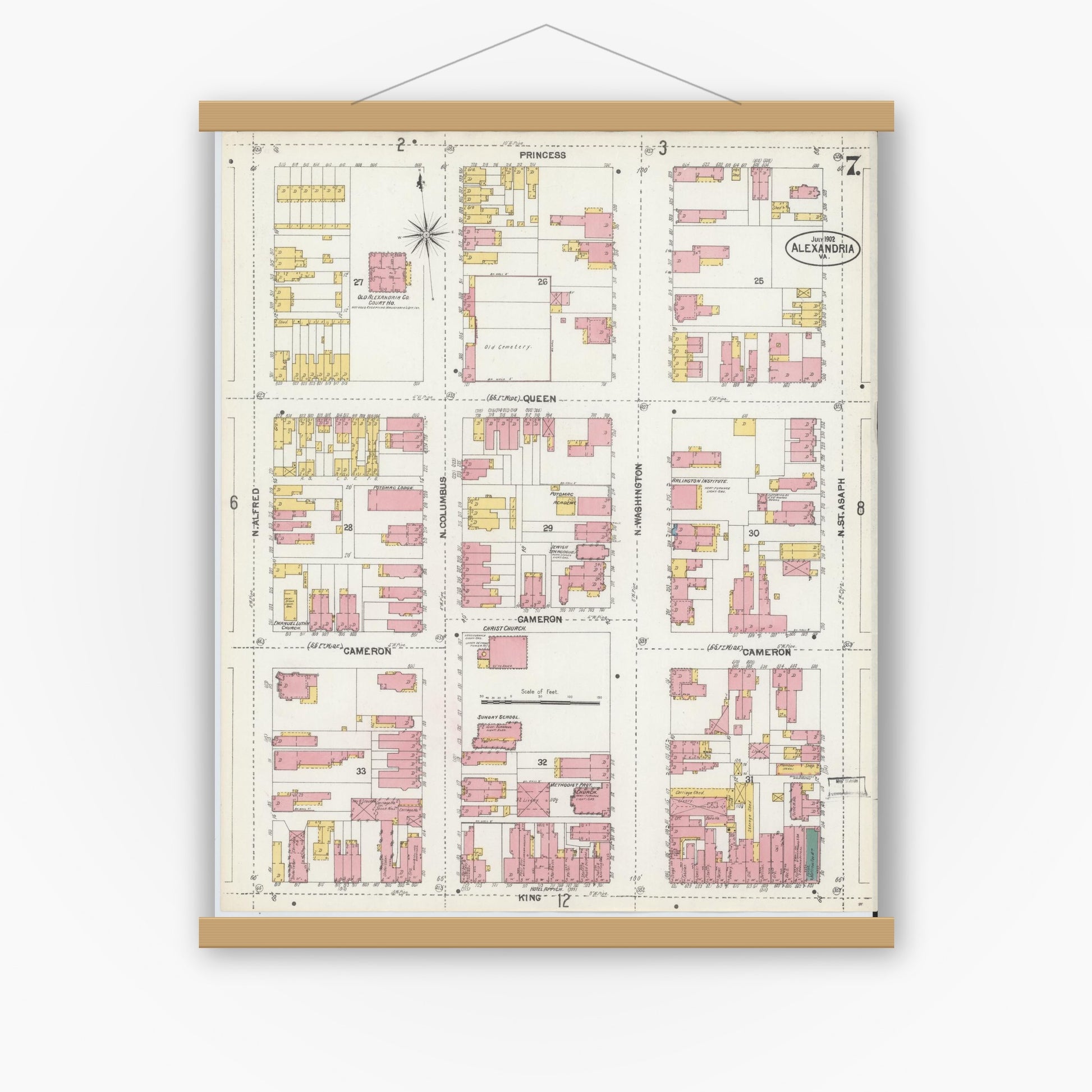 Old map wall art mockup — magnetic wood frame on white wall — Sanborn Fire Insurance Map from Alexandria, Independent Cities, Virginia (1902), Sheet #0007