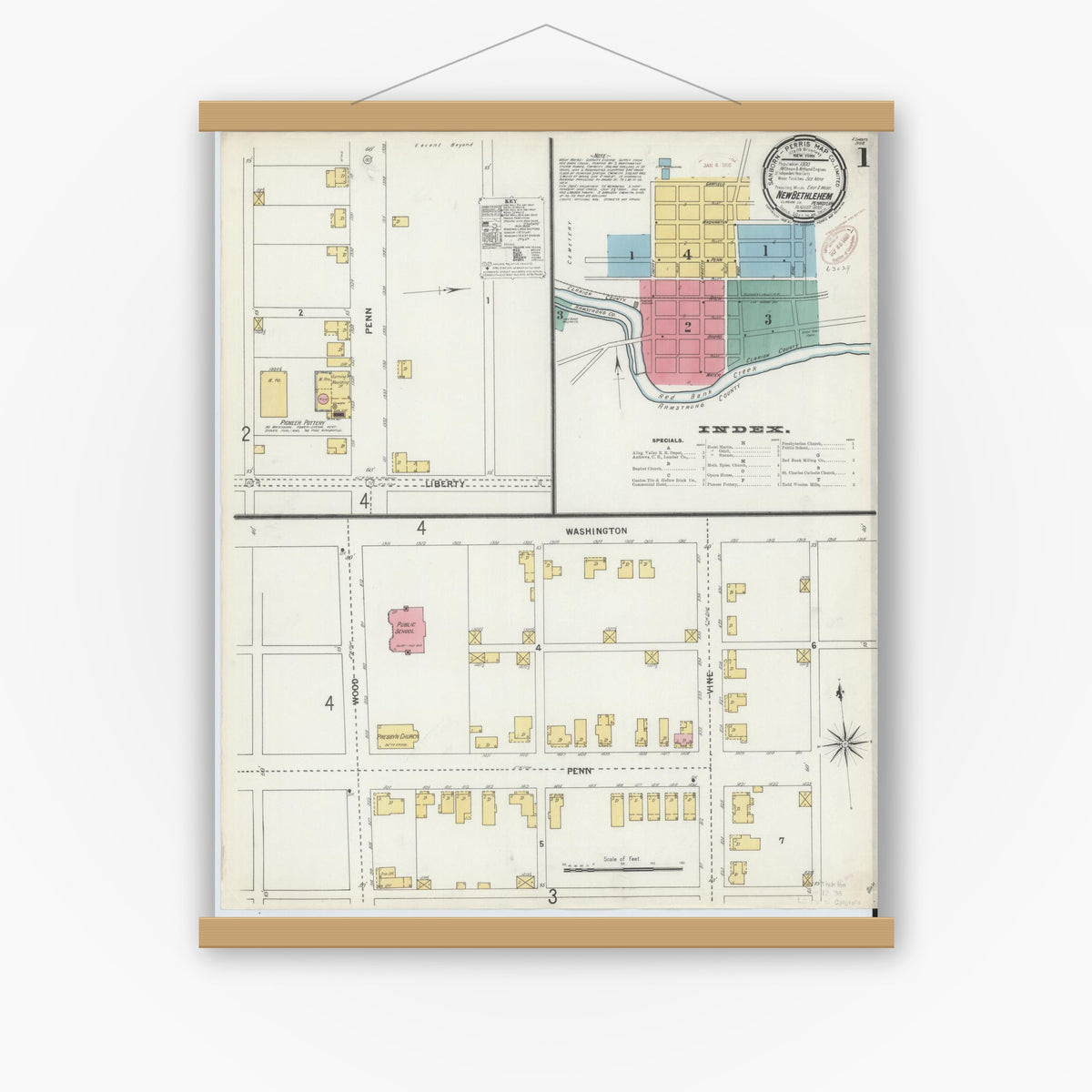 Old map wall art mockup — magnetic wood frame on white wall — Sanborn Fire Insurance Map from New Bethlehem, Clarion County, Pennsylvania (1899) - Complete Map Set