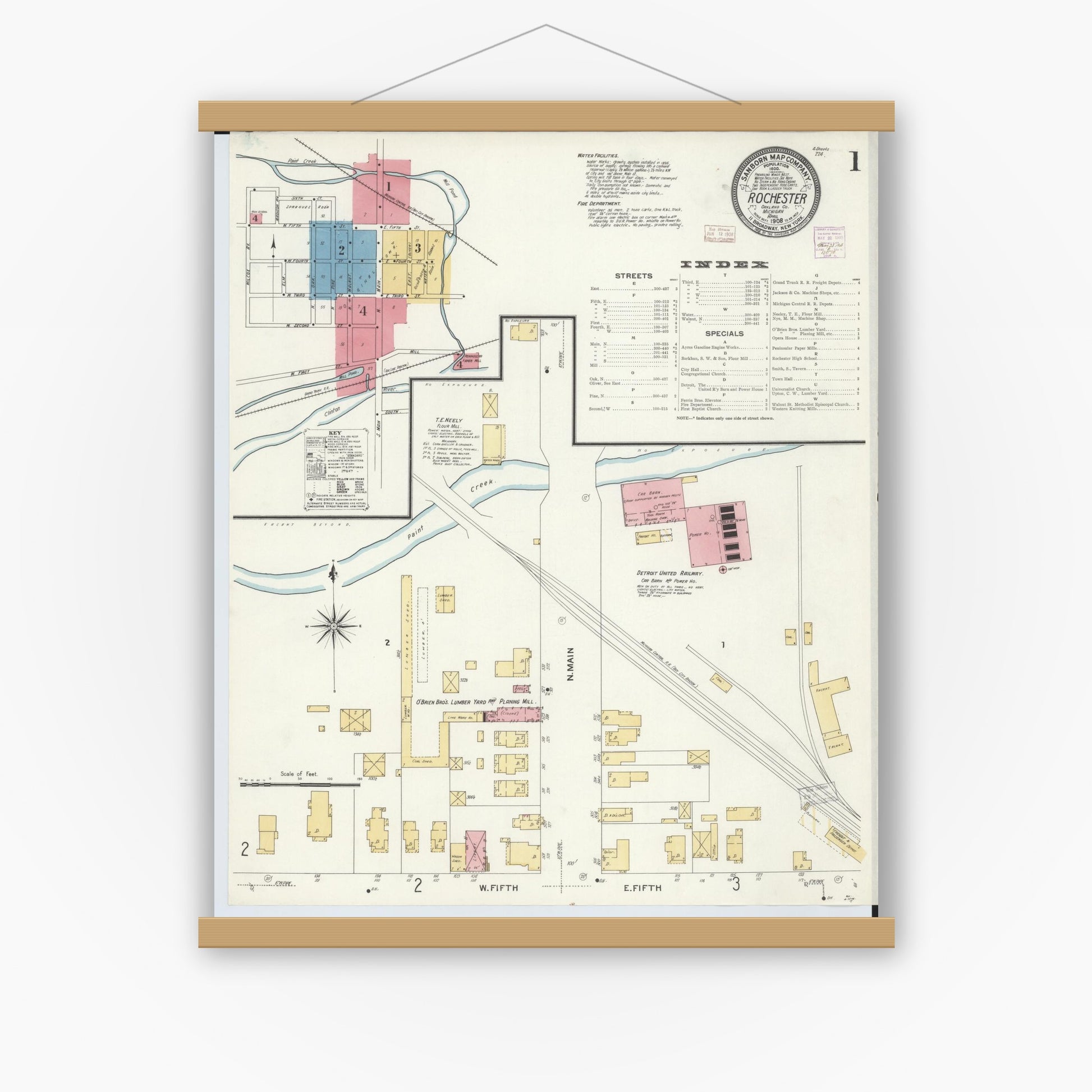 Old map wall art mockup — magnetic wood frame on white wall — Sanborn Fire Insurance Map from Rochester, Oakland County, Michigan (1908) - Complete Map Set