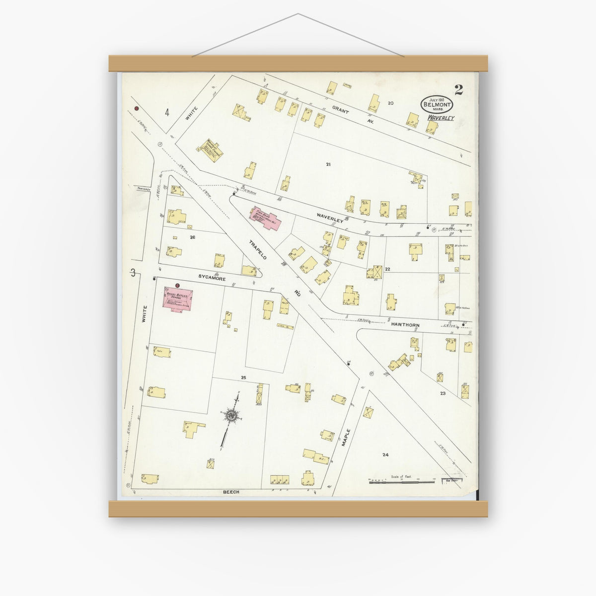 Old map wall art mockup — magnetic wood frame on white wall — Sanborn Fire Insurance Map from Belmont, Middlesex County, Massachusetts (1910), Sheet #0002
