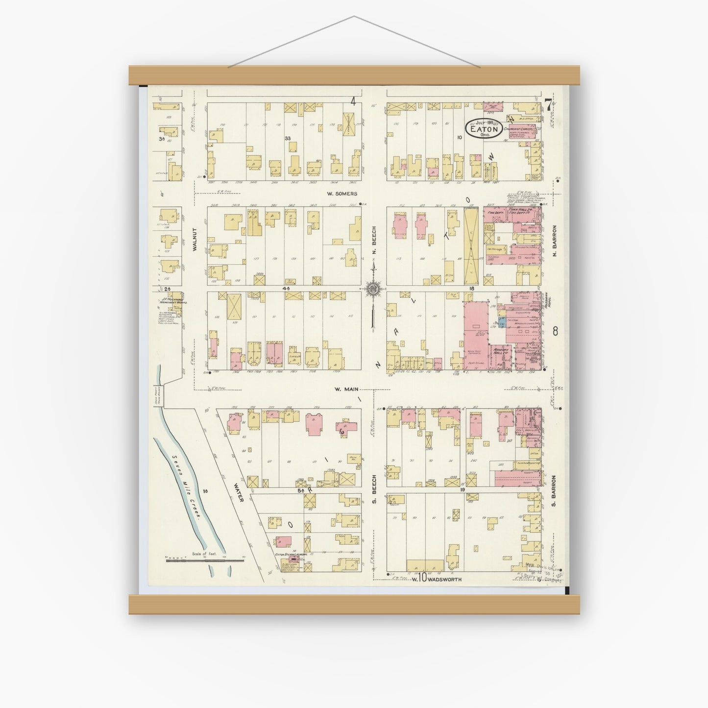 Old map wall art mockup — magnetic wood frame on white wall — Sanborn Fire Insurance Map from Eaton, Preble County, Ohio (1911), Sheet #0007