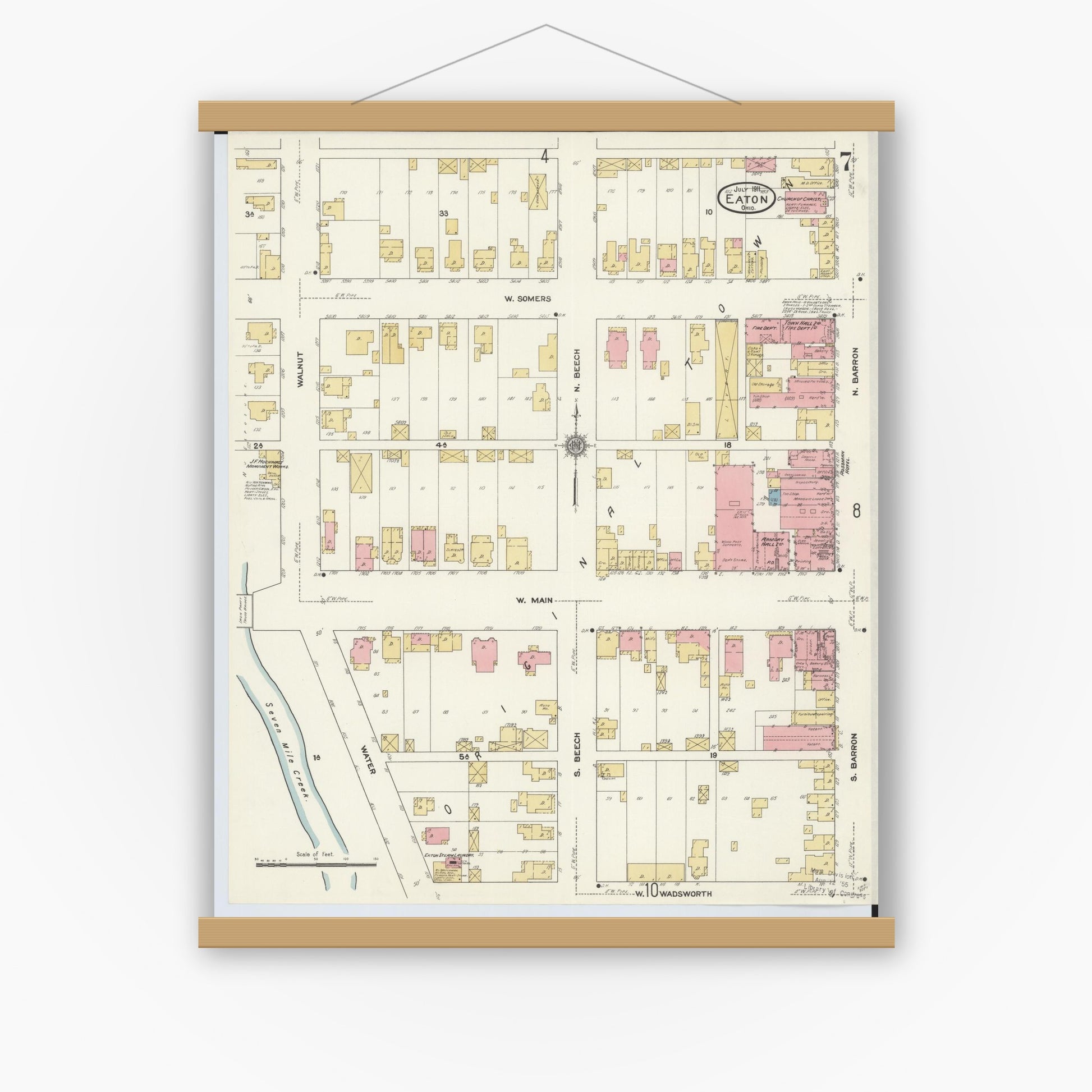 Old map wall art mockup — magnetic wood frame on white wall — Sanborn Fire Insurance Map from Eaton, Preble County, Ohio (1911), Sheet #0007