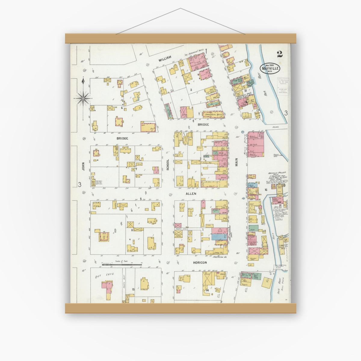 Old map wall art mockup — magnetic wood frame on white wall — Sanborn Fire Insurance Map from Mayville, Dodge County, Wisconsin (1900), Sheet #0002