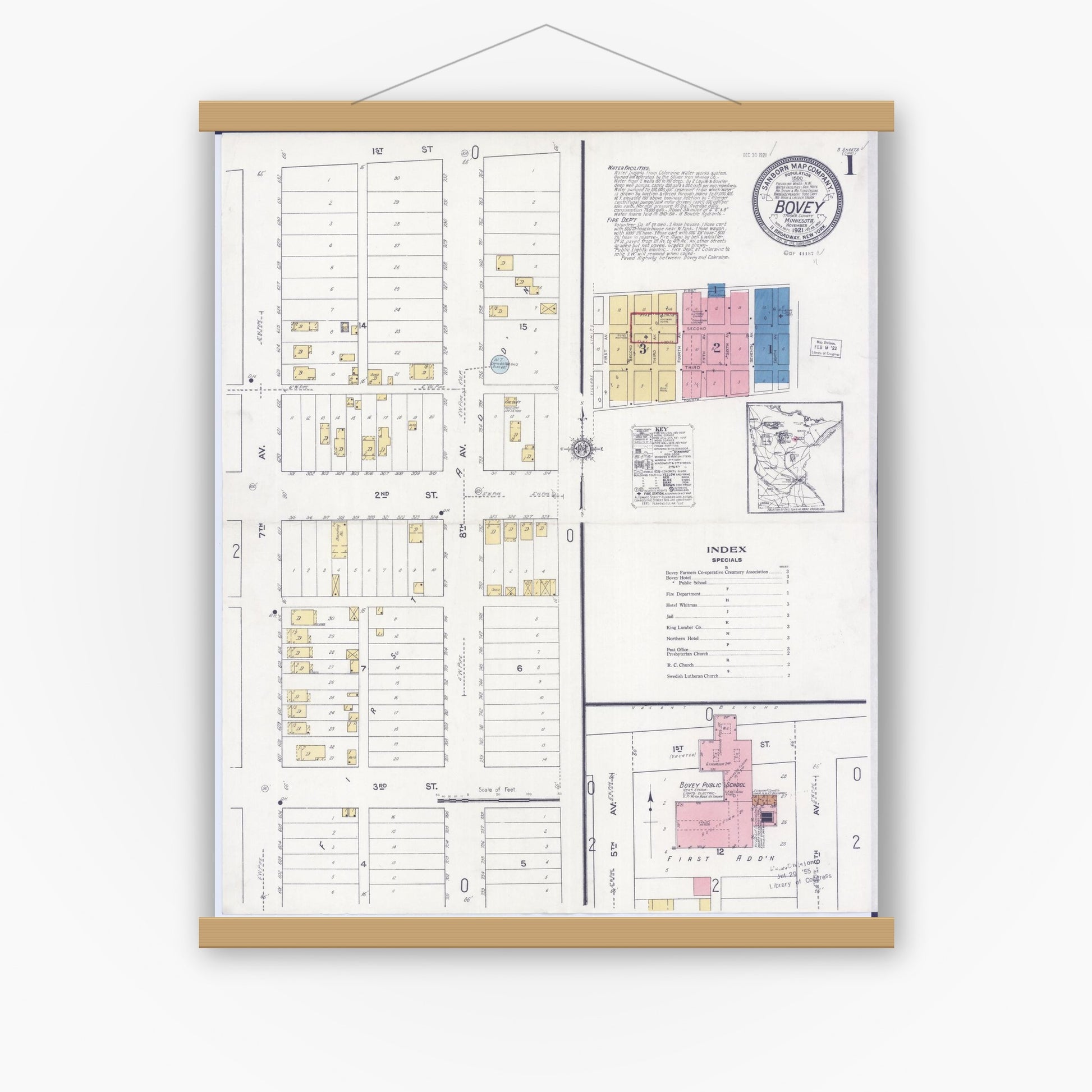 Old map wall art mockup — magnetic wood frame on white wall — Sanborn Fire Insurance Map from Bovey, Itasca County, Minnesota (1921), Sheet #0001