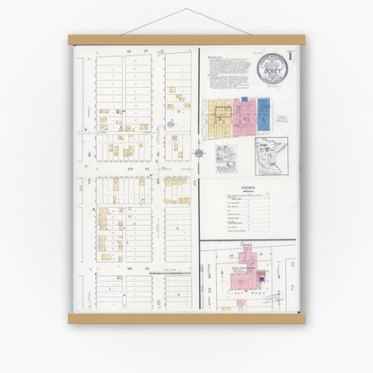 Old map wall art mockup — magnetic wood frame on white wall — Sanborn Fire Insurance Map from Bovey, Itasca County, Minnesota (1921), Sheet #0001