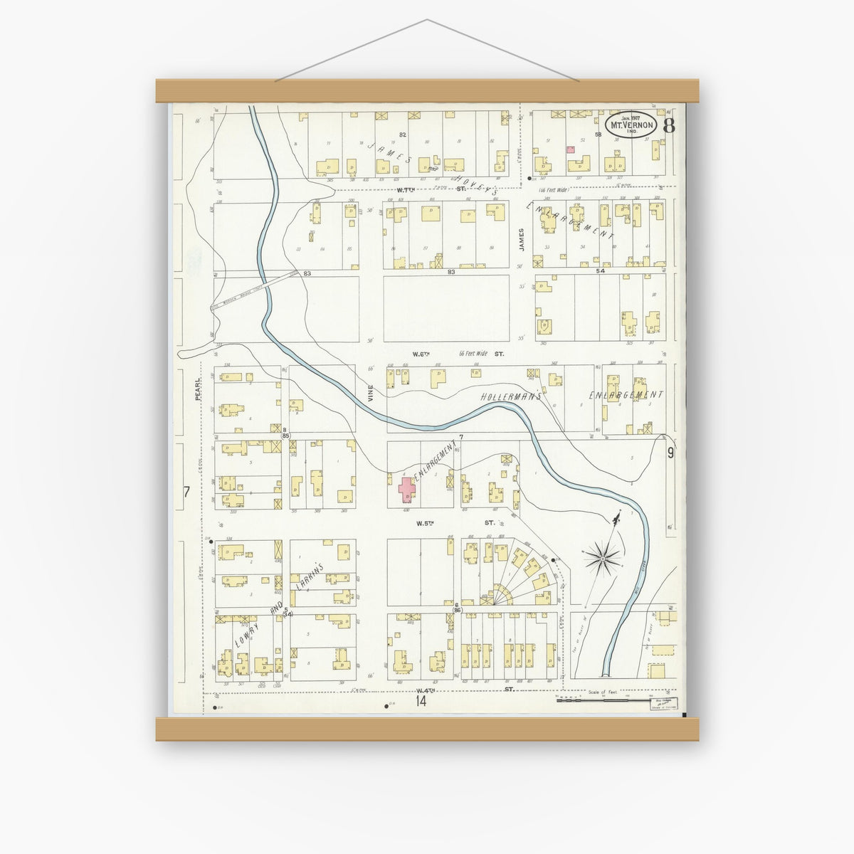 Old map wall art mockup — magnetic wood frame on white wall — Sanborn Fire Insurance Map from Mount Vernon, Posey County, Indiana (1907), Sheet #0008