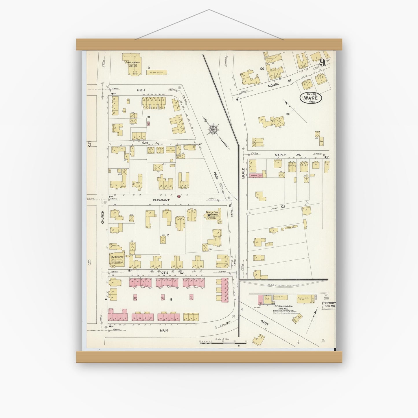 Old map wall art mockup — magnetic wood frame on white wall — Sanborn Fire Insurance Map from Ware, Hampshire County, Massachusetts (1912), Sheet #0009