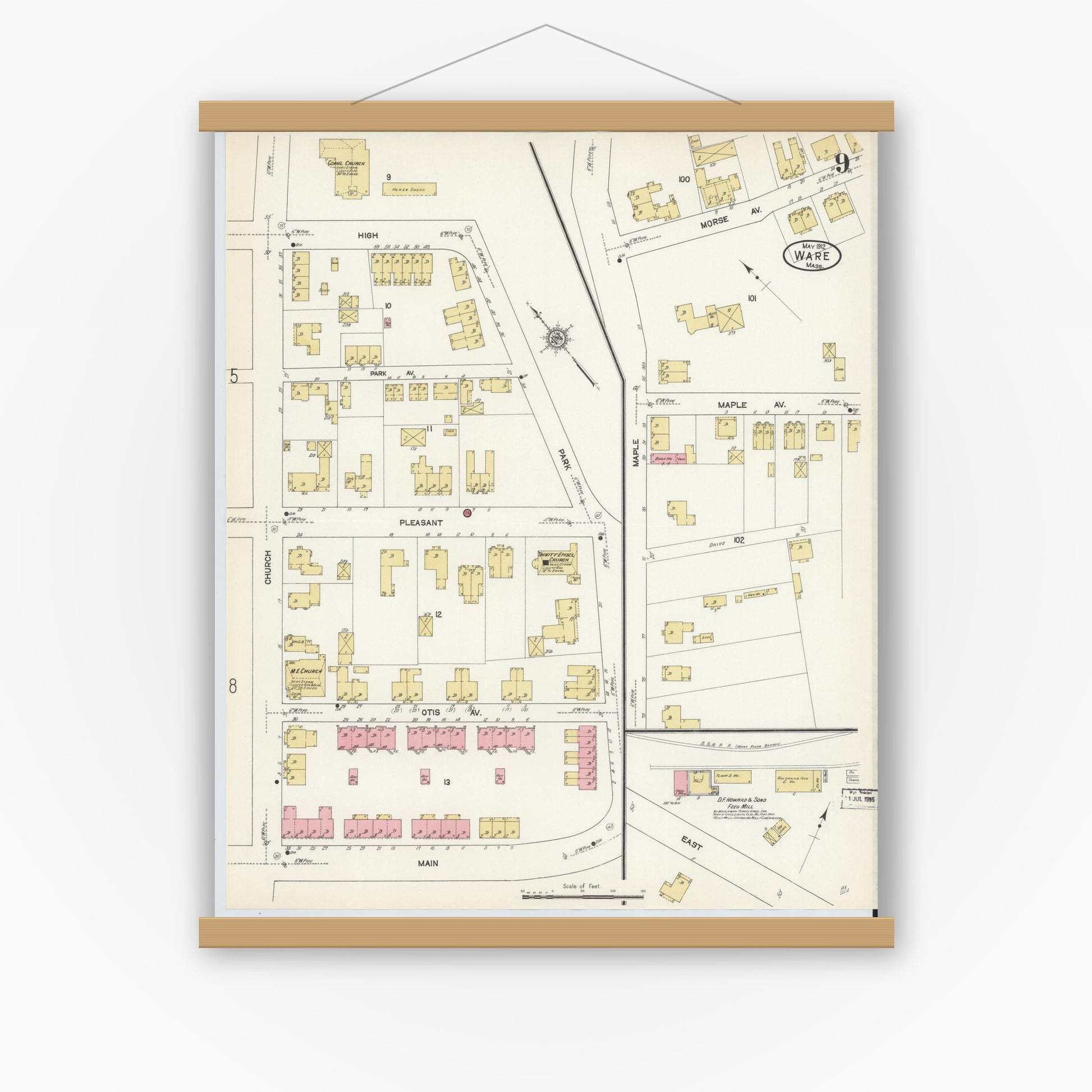 Old map wall art mockup — magnetic wood frame on white wall — Sanborn Fire Insurance Map from Ware, Hampshire County, Massachusetts (1912), Sheet #0009