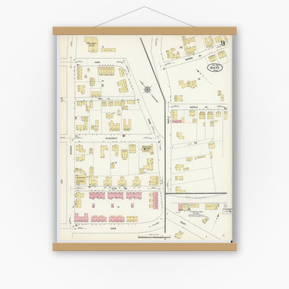 Old map wall art mockup — magnetic wood frame on white wall — Sanborn Fire Insurance Map from Ware, Hampshire County, Massachusetts (1912), Sheet #0009