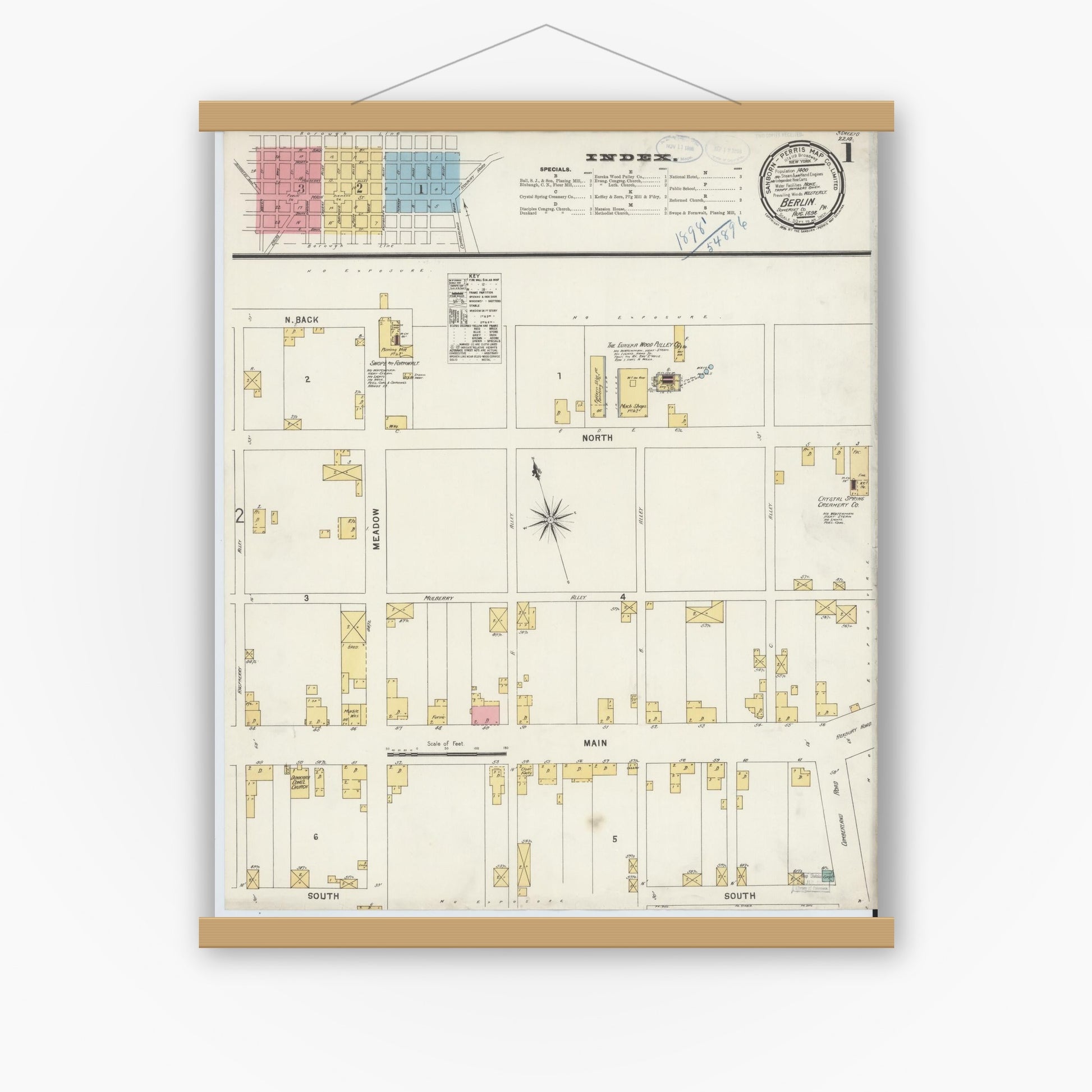 Old map wall art mockup — magnetic wood frame on white wall — Sanborn Fire Insurance Map from Berlin, Somerset County, Pennsylvania (1898), Sheet #0001