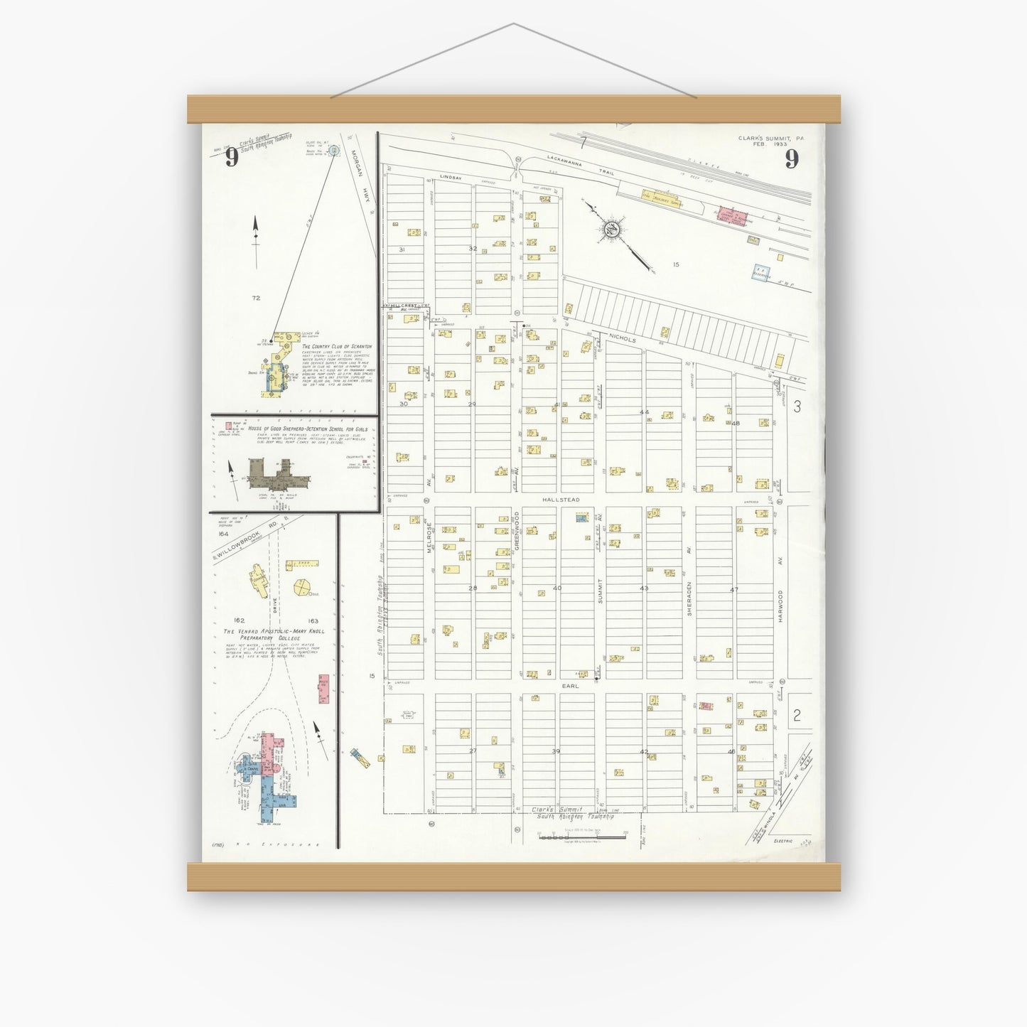 Old map wall art mockup — magnetic wood frame on white wall — Sanborn Fire Insurance Map from Clark's Summit, Lackawanna County, Pennsylvania (1933), Sheet #0009
