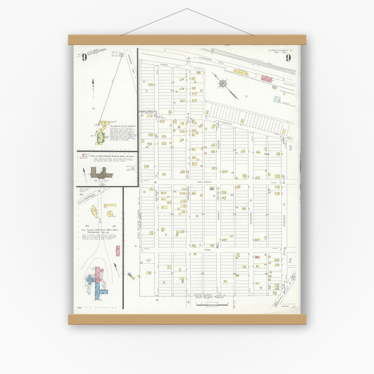 Old map wall art mockup — magnetic wood frame on white wall — Sanborn Fire Insurance Map from Clark's Summit, Lackawanna County, Pennsylvania (1933), Sheet #0009