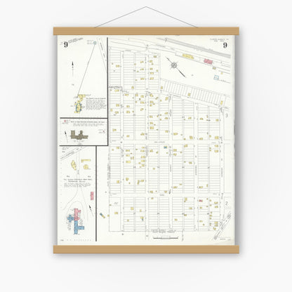 Old map wall art mockup — magnetic wood frame on white wall — Sanborn Fire Insurance Map from Clark's Summit, Lackawanna County, Pennsylvania (1933), Sheet #0009