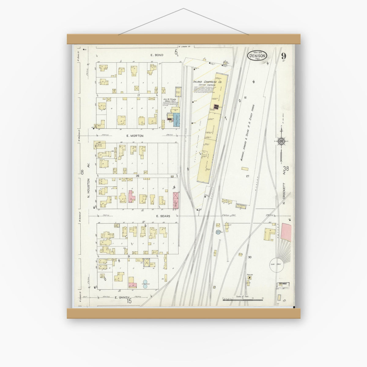 Old map wall art mockup — magnetic wood frame on white wall — Sanborn Fire Insurance Map from Denison, Grayson County, Texas (1914), Sheet #0009