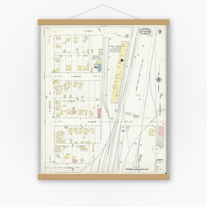 Old map wall art mockup — magnetic wood frame on white wall — Sanborn Fire Insurance Map from Denison, Grayson County, Texas (1914), Sheet #0009