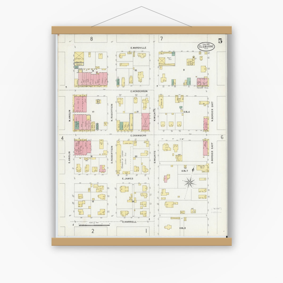 Old map wall art mockup — magnetic wood frame on white wall — Sanborn Fire Insurance Map from Cleburne, Johnson County, Texas (1898), Sheet #0005